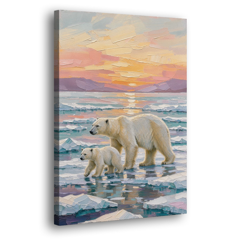 Polar Bear Painting with Cub at Sunset - Canvas Wall Art - Side