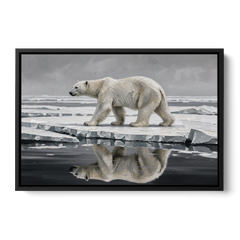 Black and White Polar Bear on Broken Sea Ice - Black Framed Canvas Wall Art - Front