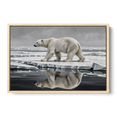 Black and White Polar Bear on Broken Sea Ice - Oak Framed Canvas Wall Art - Front