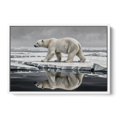 Black and White Polar Bear on Broken Sea Ice - White Framed Canvas Wall Art - Front