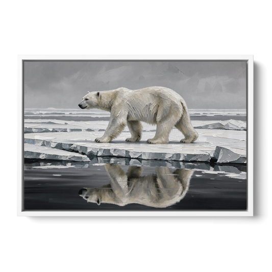 Black and White Polar Bear on Broken Sea Ice - White Framed Canvas Wall Art - Front