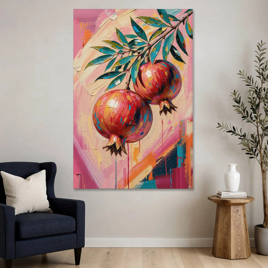 Pomegranate Painting with Two Fruits on Pink - Canvas Wall Art - Sofa - 40x60