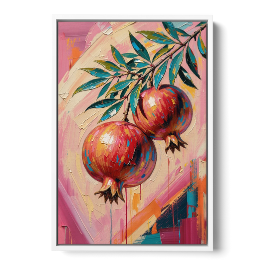 Pomegranate Painting with Two Fruits on Pink - White Framed Canvas Wall Art - Front