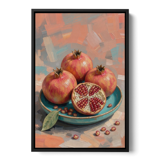 Pomegranates in a Turquoise Bowl for the Kitchen - Black Framed Canvas Wall Art - Front