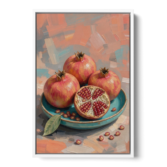 Pomegranates in a Turquoise Bowl for the Kitchen - White Framed Canvas Wall Art - Front
