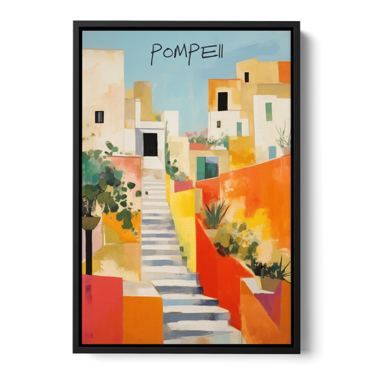 Pompeii Painting of Sunlit White Stairs - Black Framed Canvas Wall Art - Front