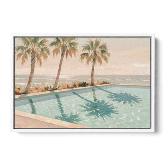 Poolside Art with Three Palm Shadows - White Framed Canvas Wall Art - Front