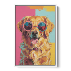 Pop Art Golden Retriever in Rose Sunglasses - White Framed Canvas Wall Art - Front