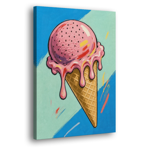 Pop Art Ice Cream Cone with Strawberry Drips - Canvas Wall Art - Side