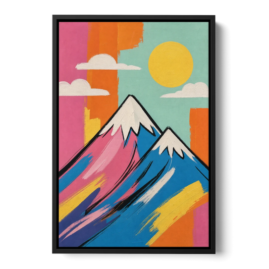 Pop Art Mountain in Pink and Blue - Black Framed Canvas Wall Art - Front