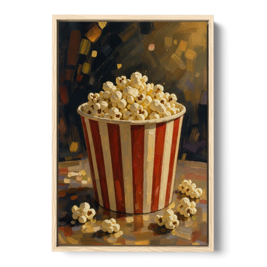 Popcorn Painting of a Striped Bucket Spilling Over - Oak Framed Canvas Wall Art - Front