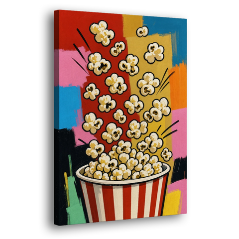 Popcorn Wall Art Bursting from a Striped Bucket - Canvas Wall Art - Side