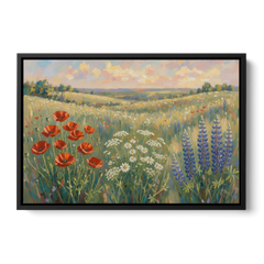 Poppy, Daisy and Lupine Meadow Panorama - Black Framed Canvas Wall Art - Front