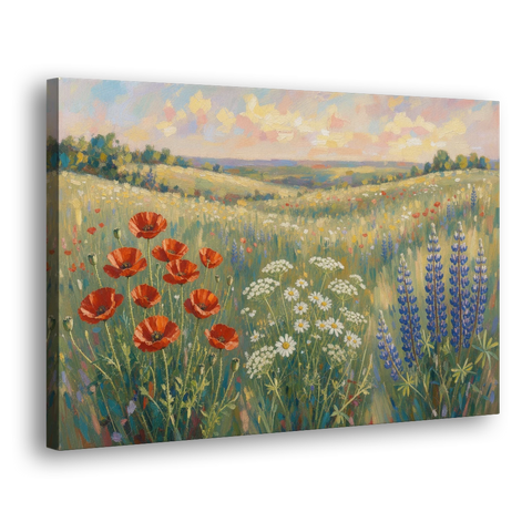 Poppy, Daisy and Lupine Meadow Panorama - Canvas Wall Art - Side