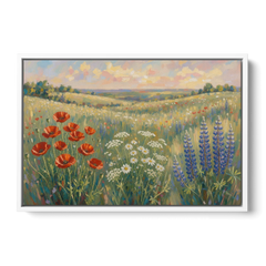 Poppy, Daisy and Lupine Meadow Panorama - White Framed Canvas Wall Art - Front