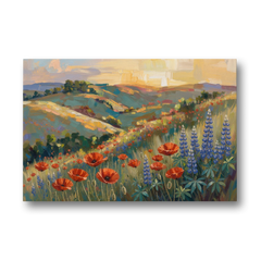 Poppy Field Painting with Lupines on Rolling Hills - Canvas Wall Art - Front