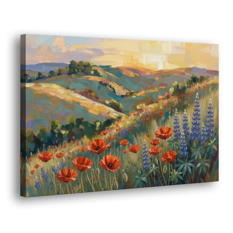 Poppy Field Painting with Lupines on Rolling Hills - Canvas Wall Art - Side