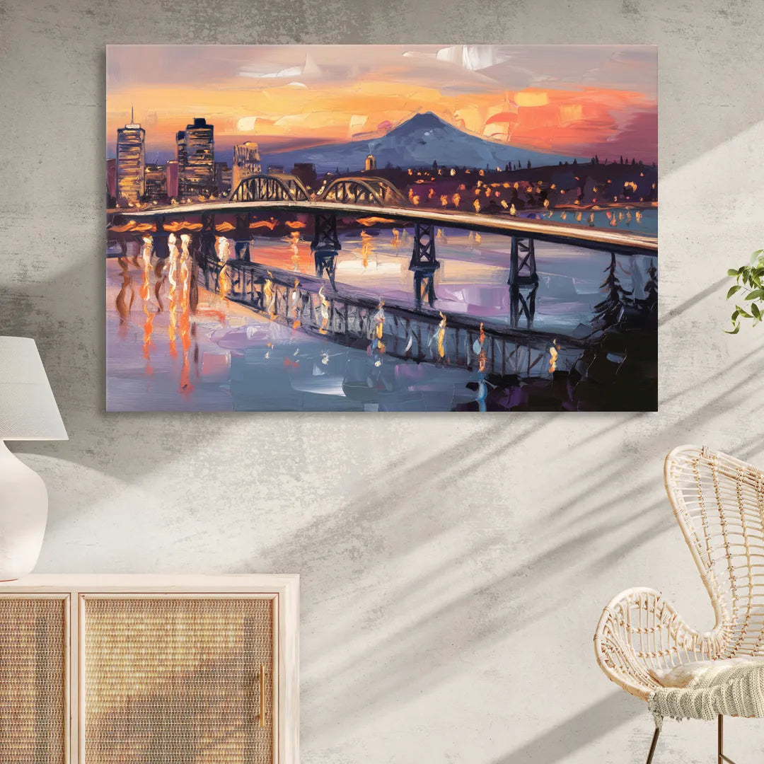 Portland Cityscape At Dusk Living Room - Canvas Wall Art