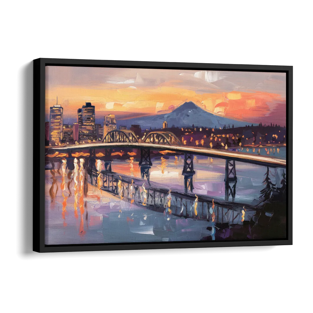 Portland Cityscape At Dusk Side - Black Canvas Wall Art