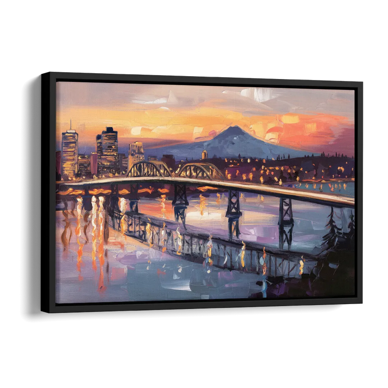 Portland Cityscape At Dusk Side - Black Canvas Wall Art