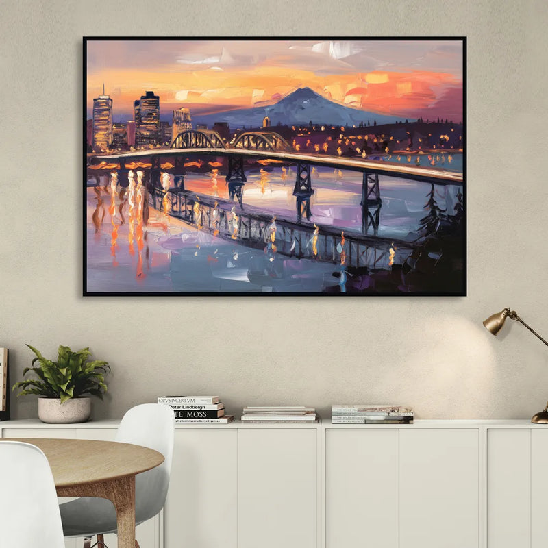 Portland Cityscape At Dusk Living Room - Black Canvas Wall Art