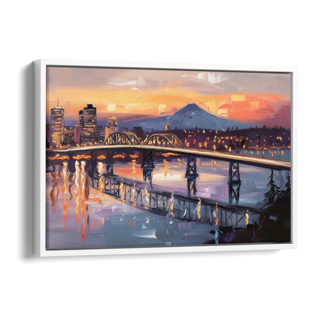 Portland Cityscape At Dusk Side - White Canvas Wall Art