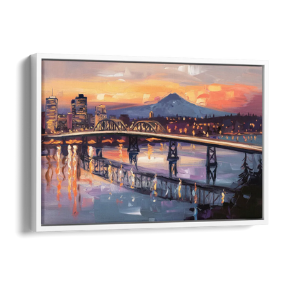 Portland Cityscape At Dusk Side - White Canvas Wall Art