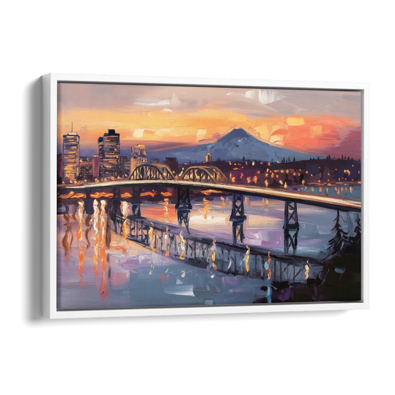 Portland Cityscape At Dusk Side - White Canvas Wall Art