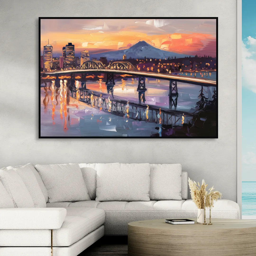 Portland Cityscape At Dusk Sitting Room - Black Canvas Wall Art