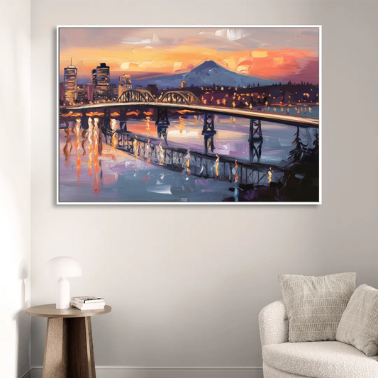 Portland Cityscape At Dusk Living Room - White Canvas Wall Art