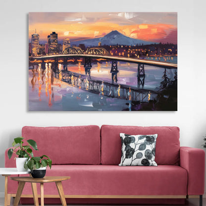 Portland Cityscape At Dusk Sitting Room - Canvas Wall Art