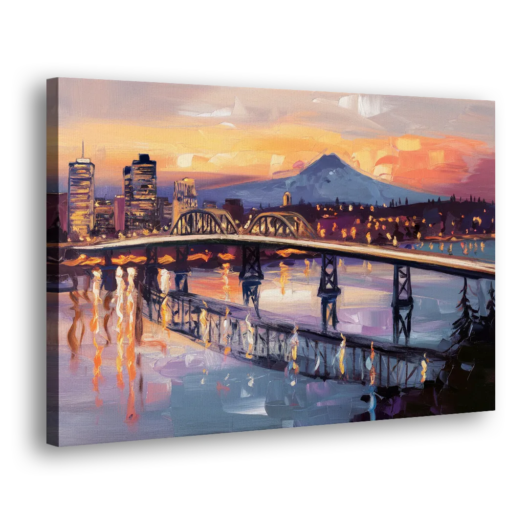 Portland Cityscape At Dusk Side - Canvas Wall Art