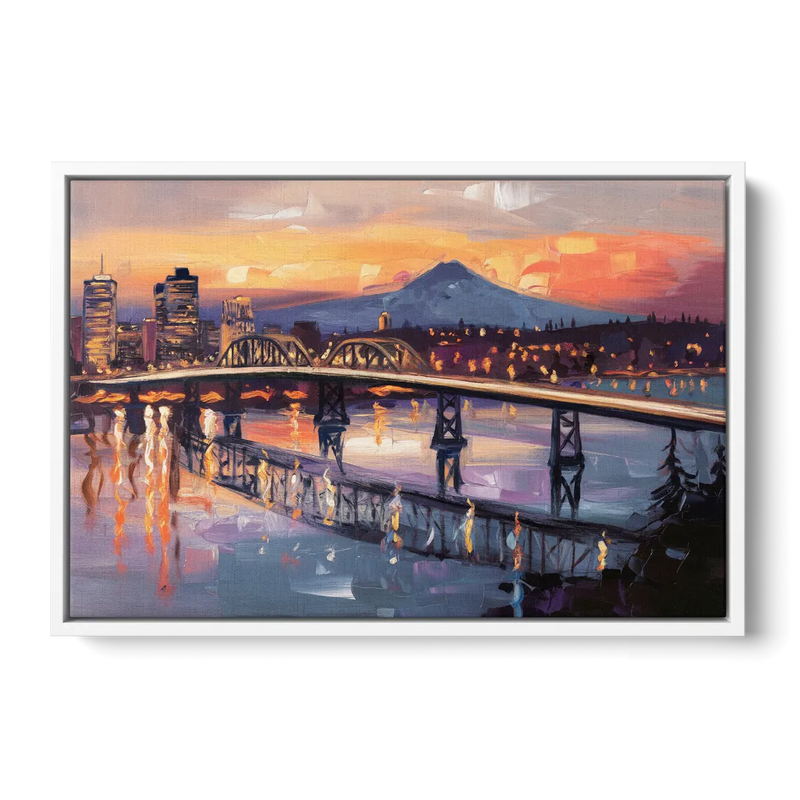 Portland Cityscape At Dusk Front - White Canvas Wall Art
