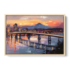 Portland Cityscape At Dusk - Oak Framed Canvas Wall Art - Front