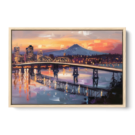 Portland Cityscape At Dusk - Oak Framed Canvas Wall Art - Front