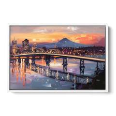 Portland Cityscape At Dusk - White Framed Canvas Wall Art - Front