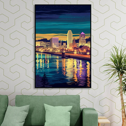 Portland Downtown Lights Living Room - Black Canvas Wall Art