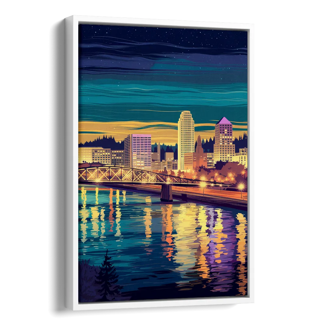 Portland Downtown Lights Side - White Canvas Wall Art