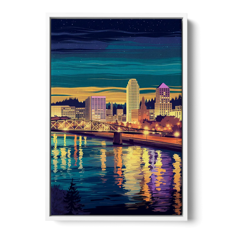 Portland Downtown Lights Front - White Canvas Wall Art