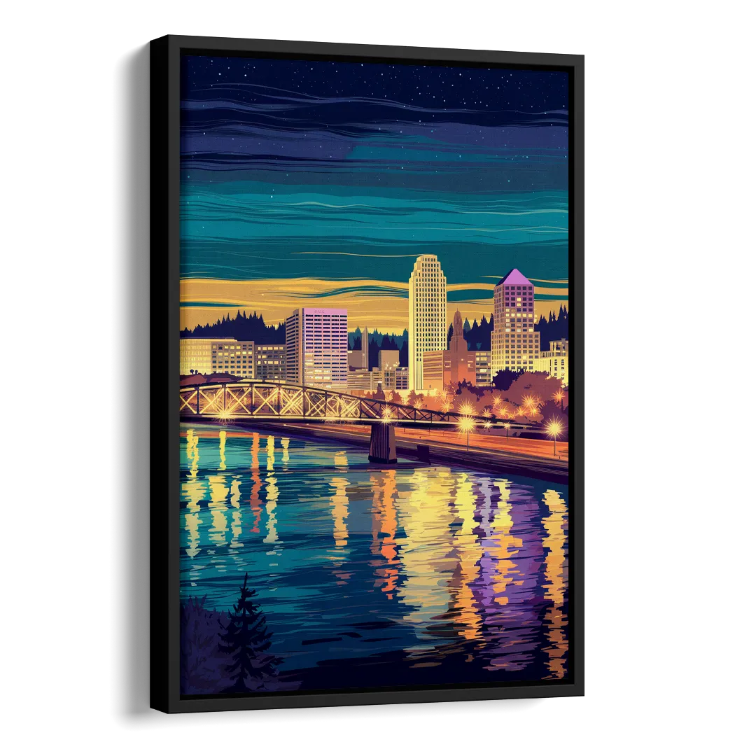 Portland Downtown Lights Side - Black Canvas Wall Art