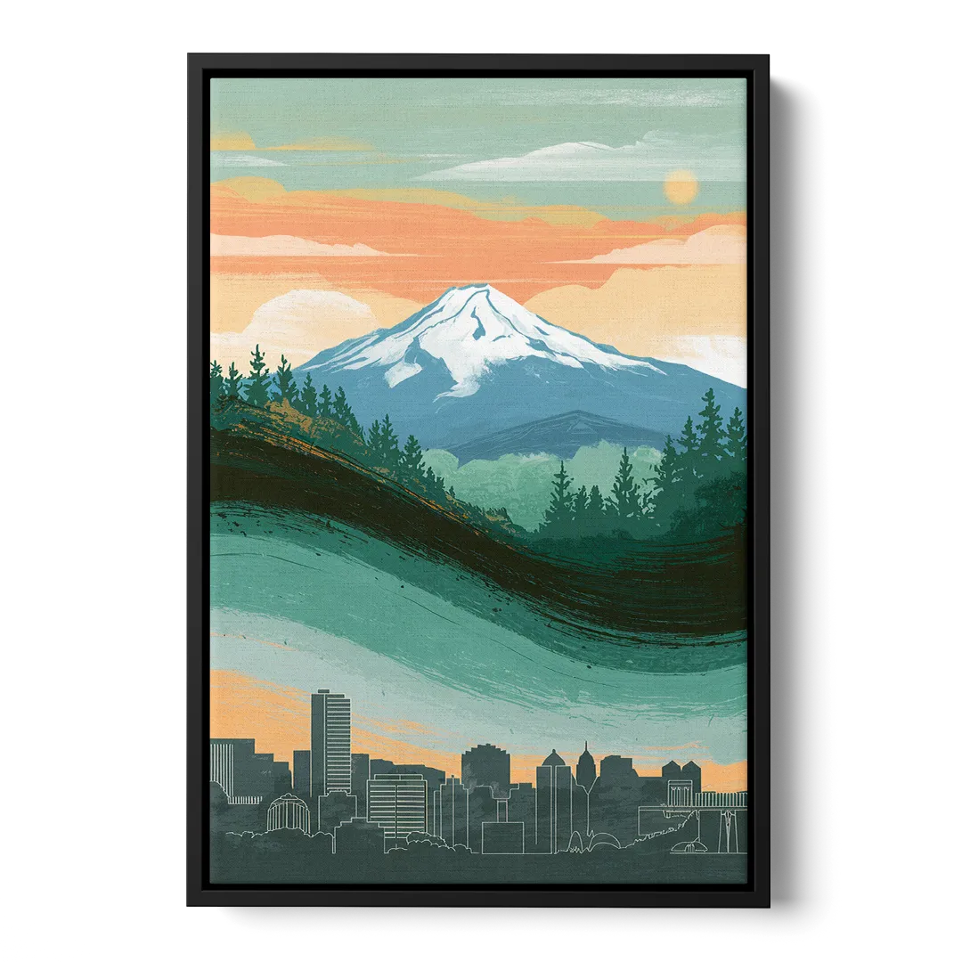 Portland Mount Hood View Front - Black Canvas Wall Art