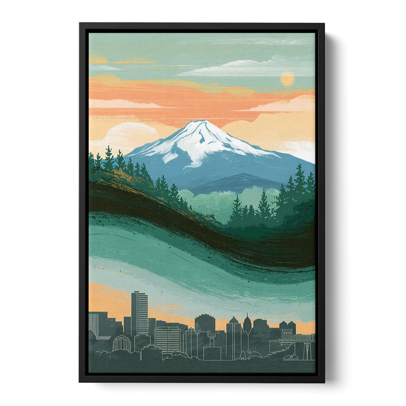 Portland Mount Hood View Front - Black Canvas Wall Art
