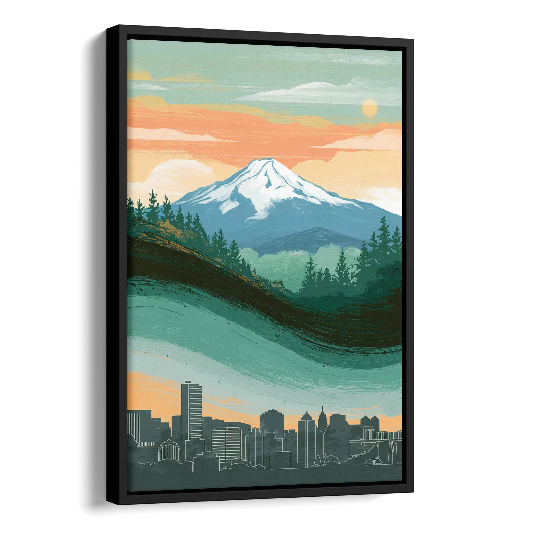 Portland Mount Hood View Side - Black Canvas Wall Art