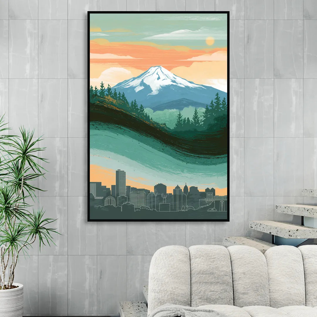 Portland Mount Hood View Living Room - Black Canvas Wall Art