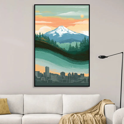 Portland Mount Hood View Sitting Room - Black Canvas Wall Art