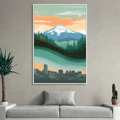 Portland Mount Hood View Sitting Room - White Canvas Wall Art