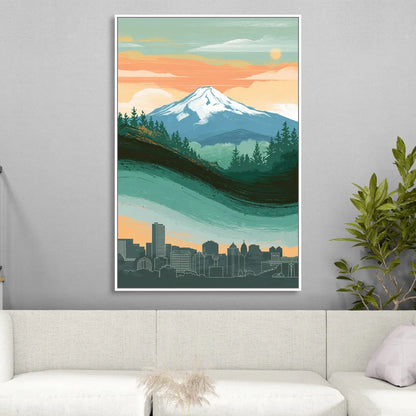 Portland Mount Hood View Living Room - White Canvas Wall Art