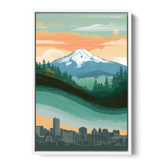 Portland Mount Hood View - White Framed Canvas Wall Art - Front