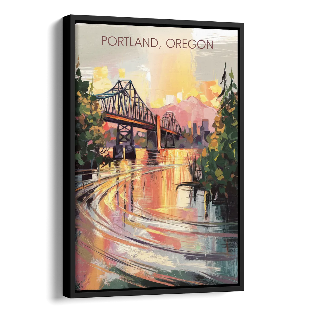 Portland Oregon Riverfront Side - Black Canvas Wall Art