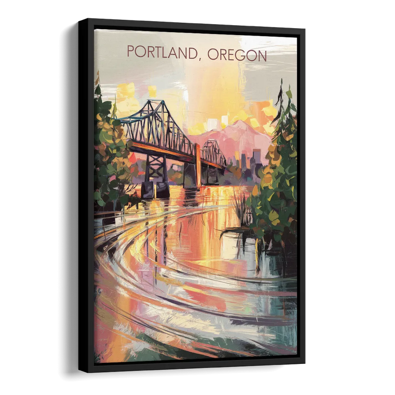 Portland Oregon Riverfront Side - Black Canvas Wall Art